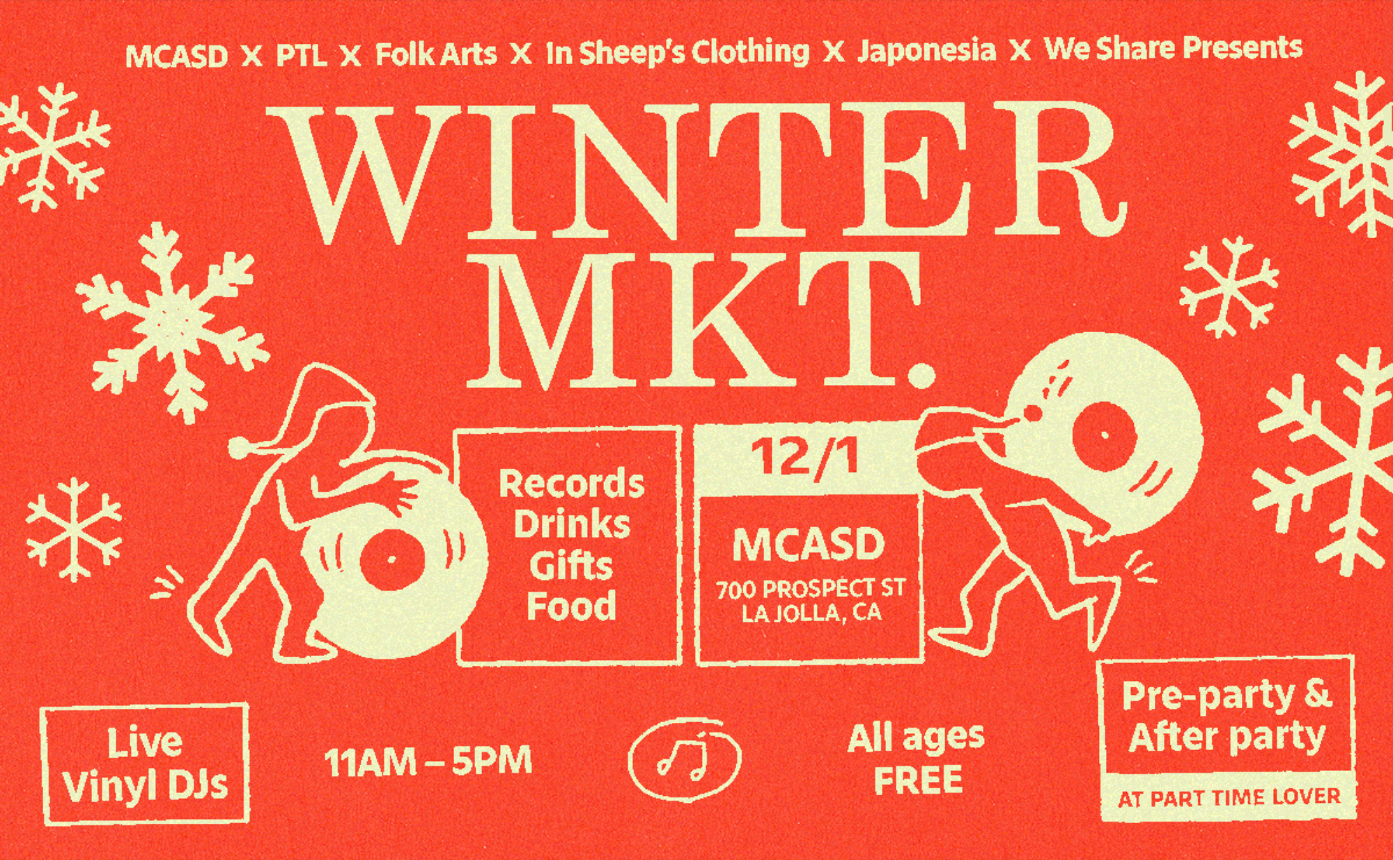 Red and beige flyer that reads Winter MKT 12/1 with snowflakes and records.