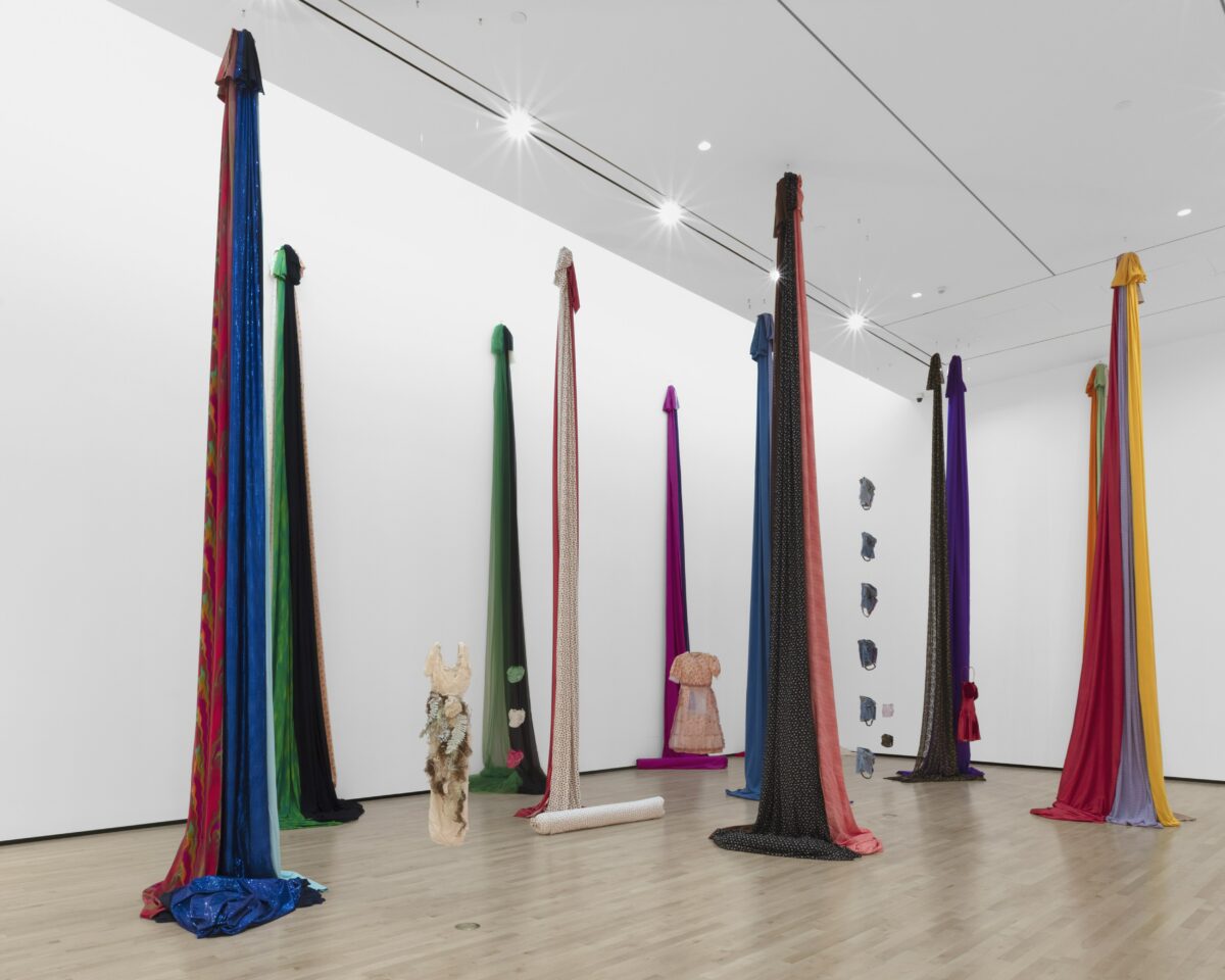 Textiles draping from the ceiling