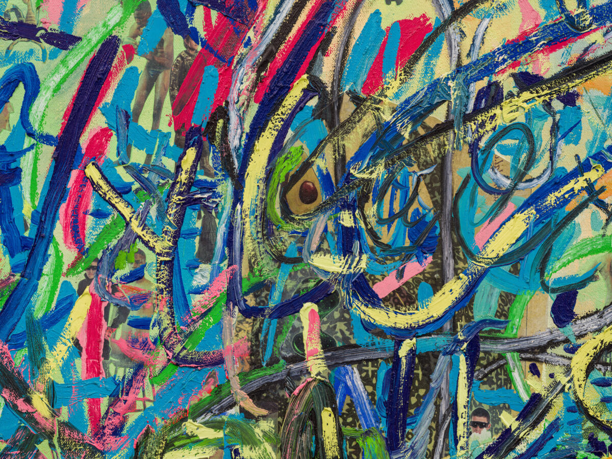 A close-up of a colorful abstract painting. The painting has thick brushstrokes of many colors, including blue, green, yellow, and red.