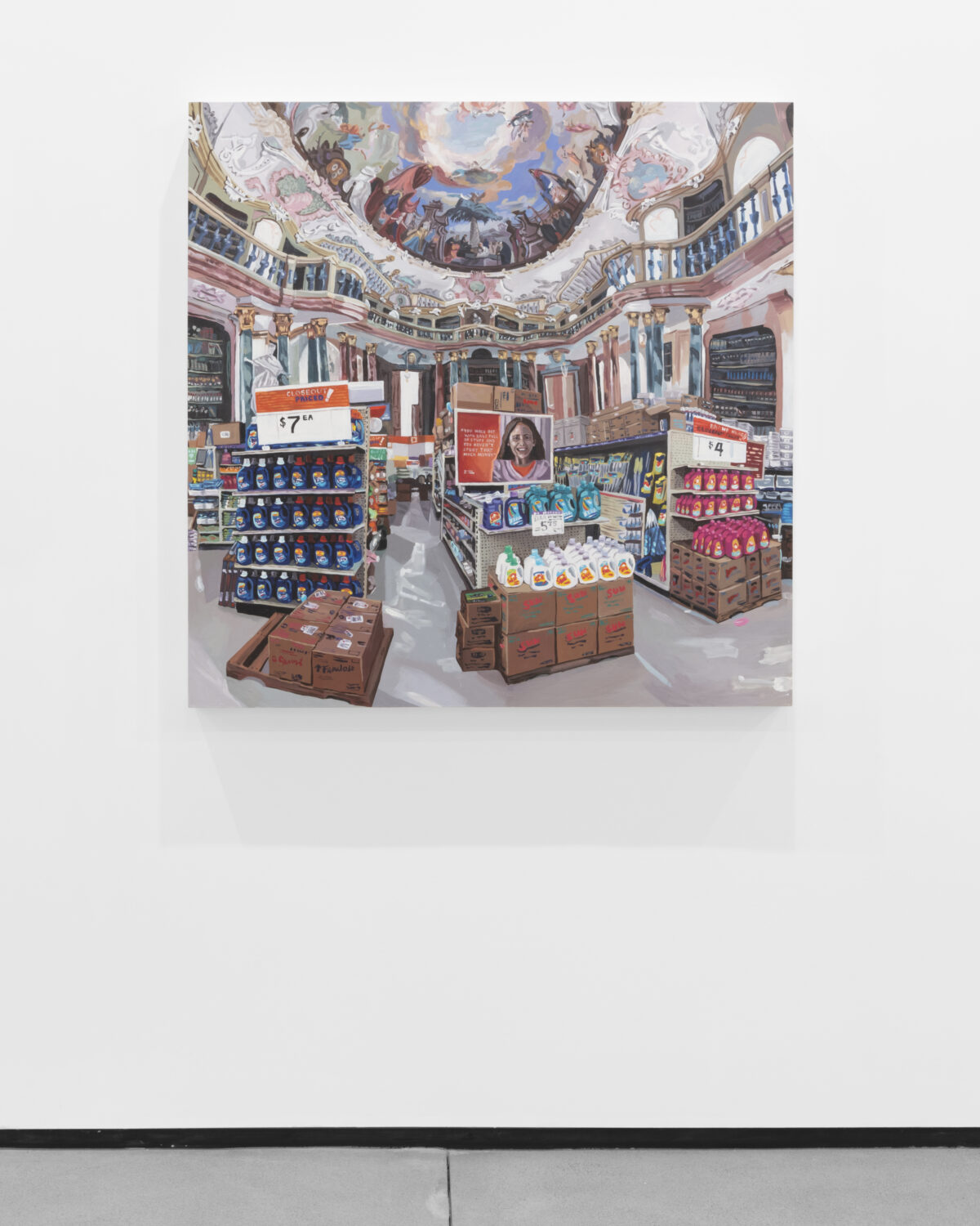 A supermarket inside of a mausoleum, the ceiling with intricate murals of religious iconography.