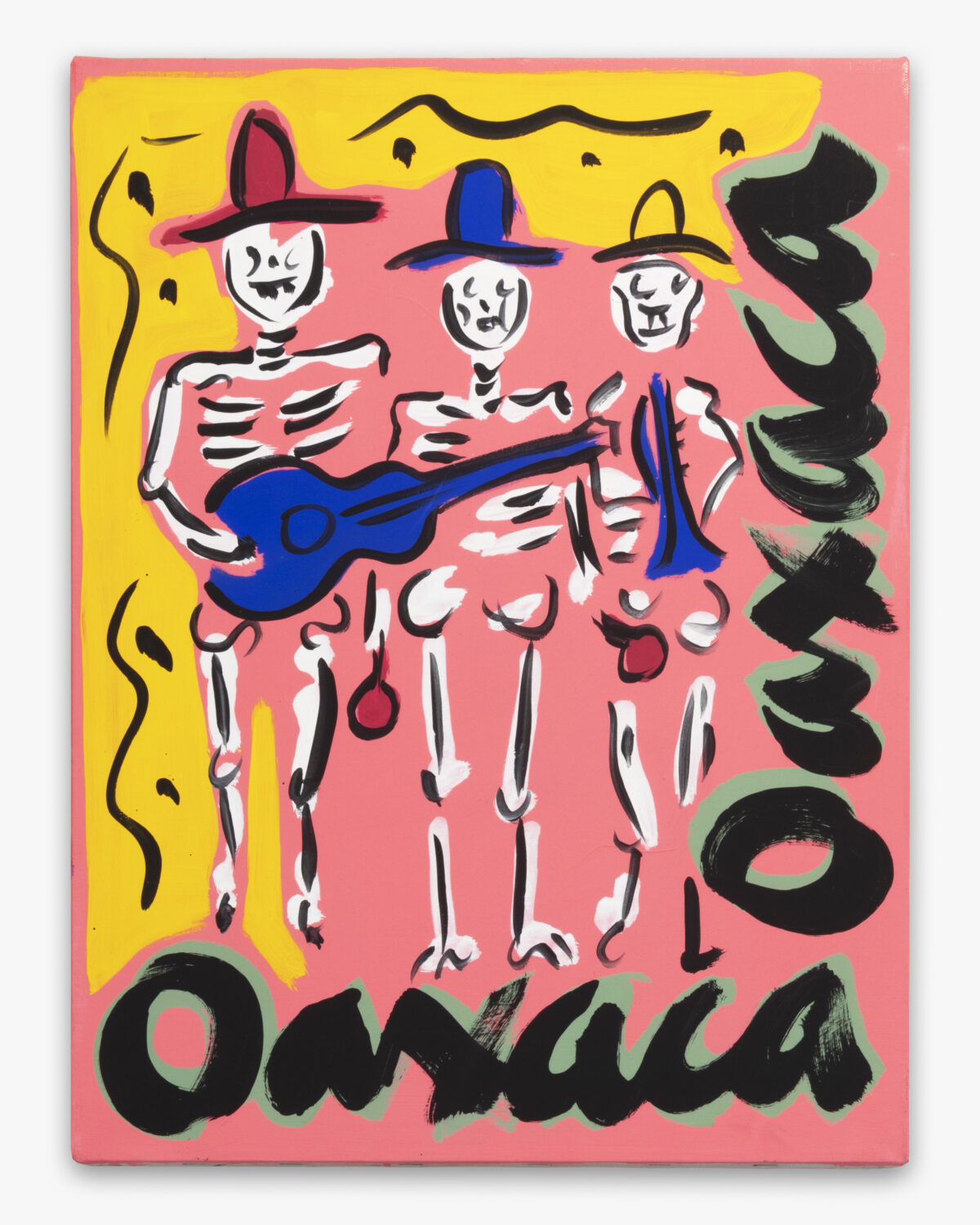 Three skeletons with hats and mariachi instruments. Text reads "Oaxaca." Background is yellow and pink.