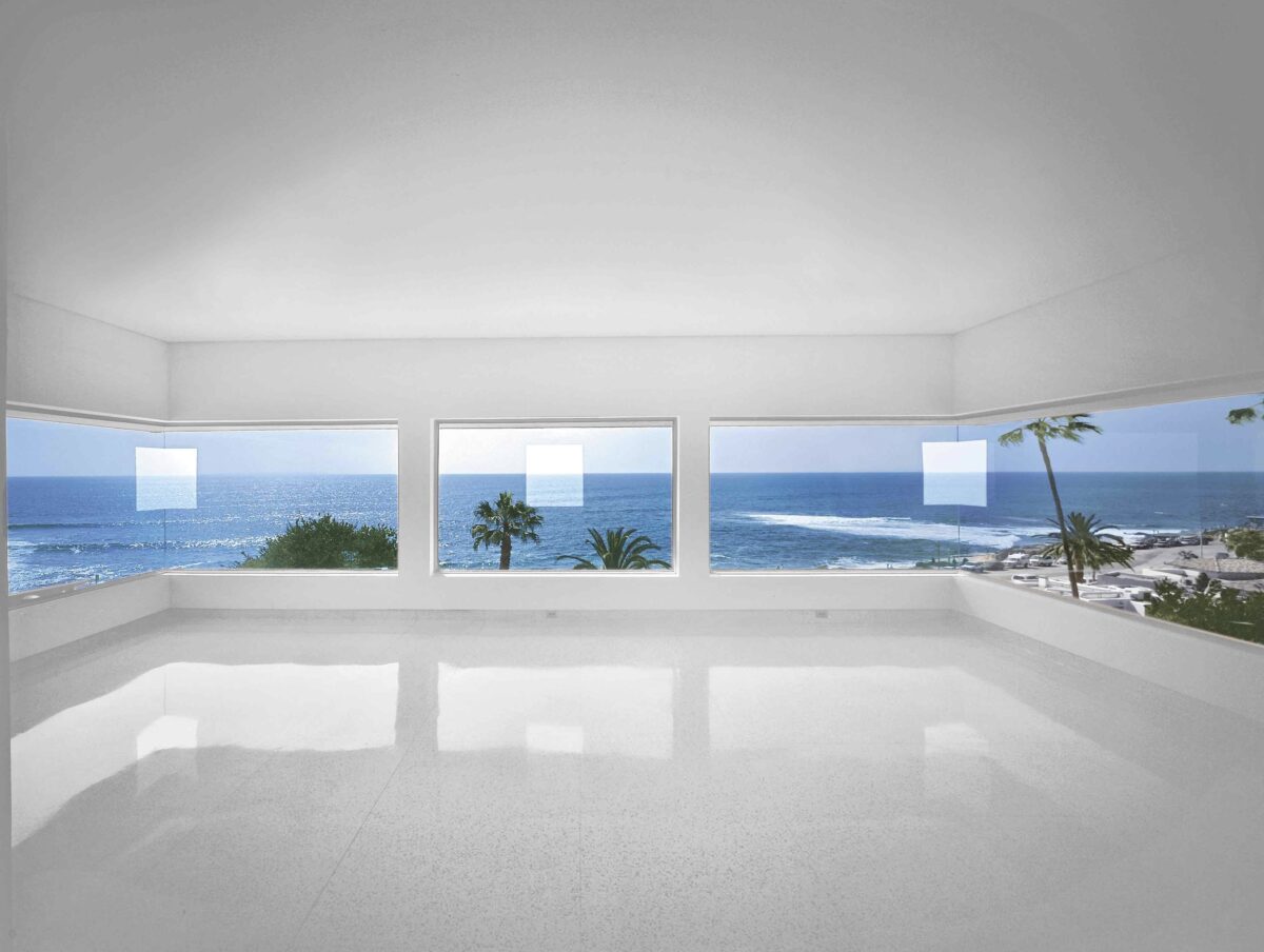 Image of Robert Irwin's famous installation 1° 2° 3° 4°, where he cut three squares into the windows facing the Pacific Ocean