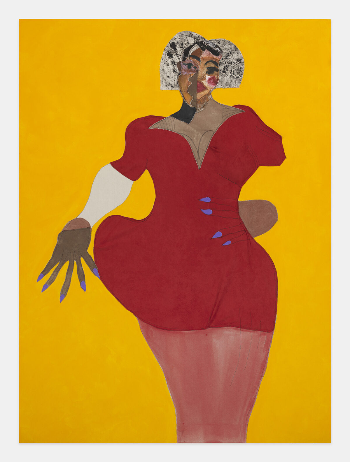Painting of a dark brown skinned woman in a red dress on yellow background