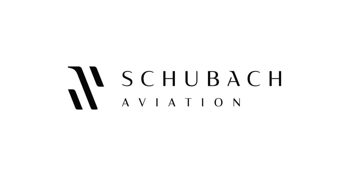 Logo for Schuback Aviation with black letters and an icon of lines falling diagonally to the bottom right corner