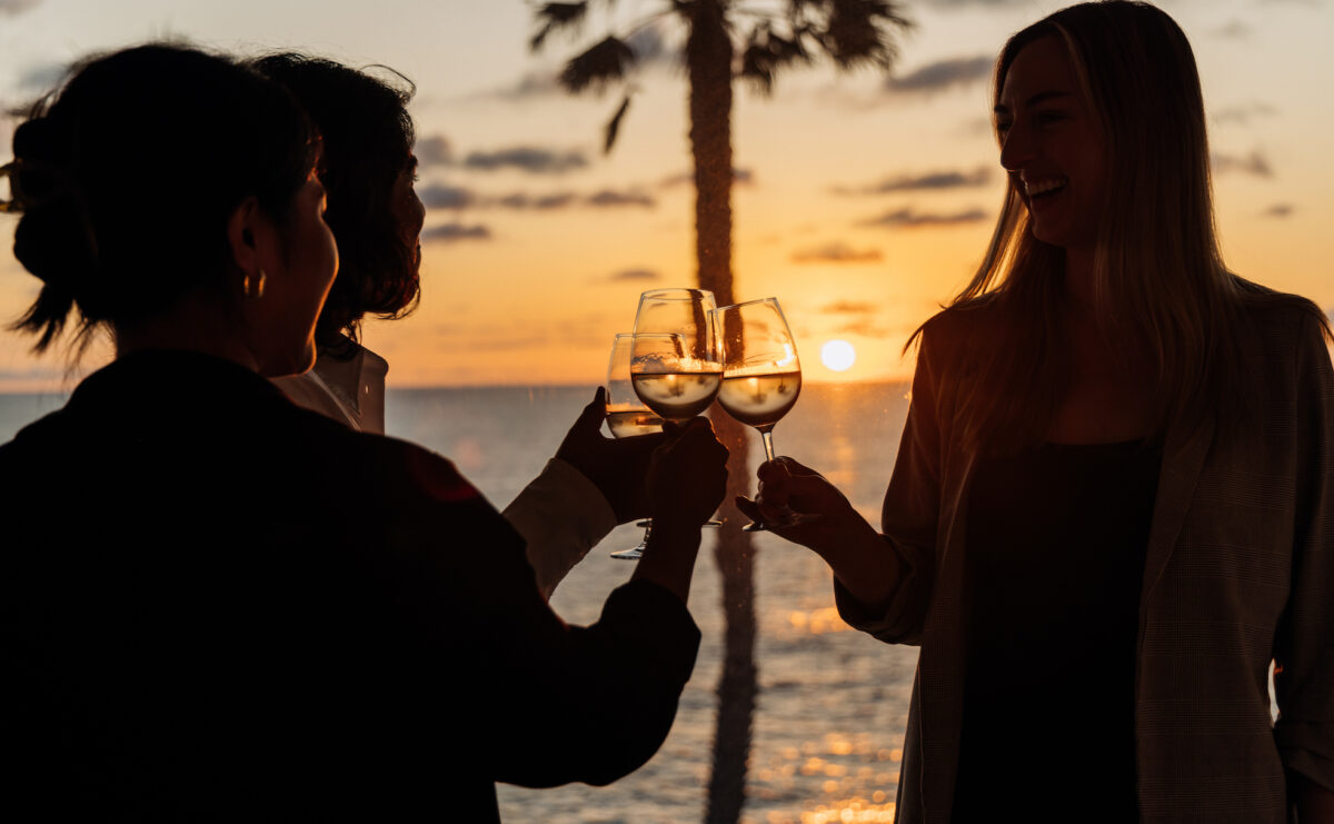 Three people toasting with wine glasses with a sunset as a backdrop