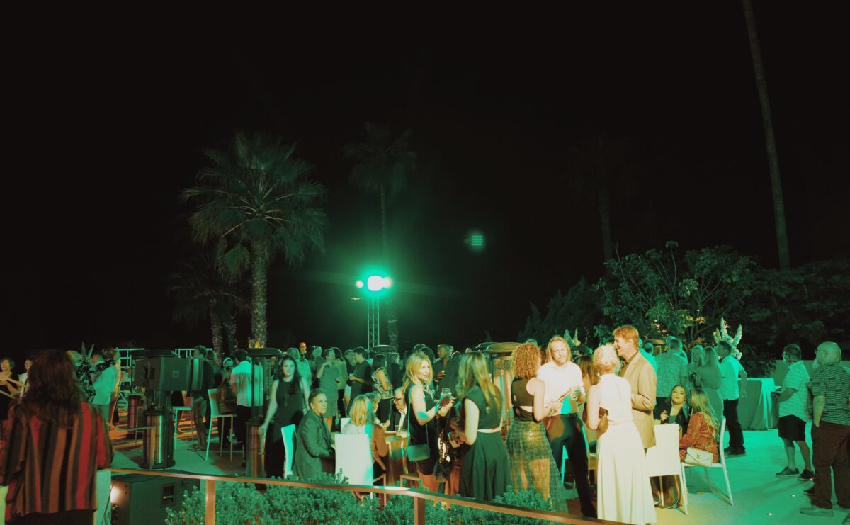Green light cascades over a crowd at night, palm trees in the background