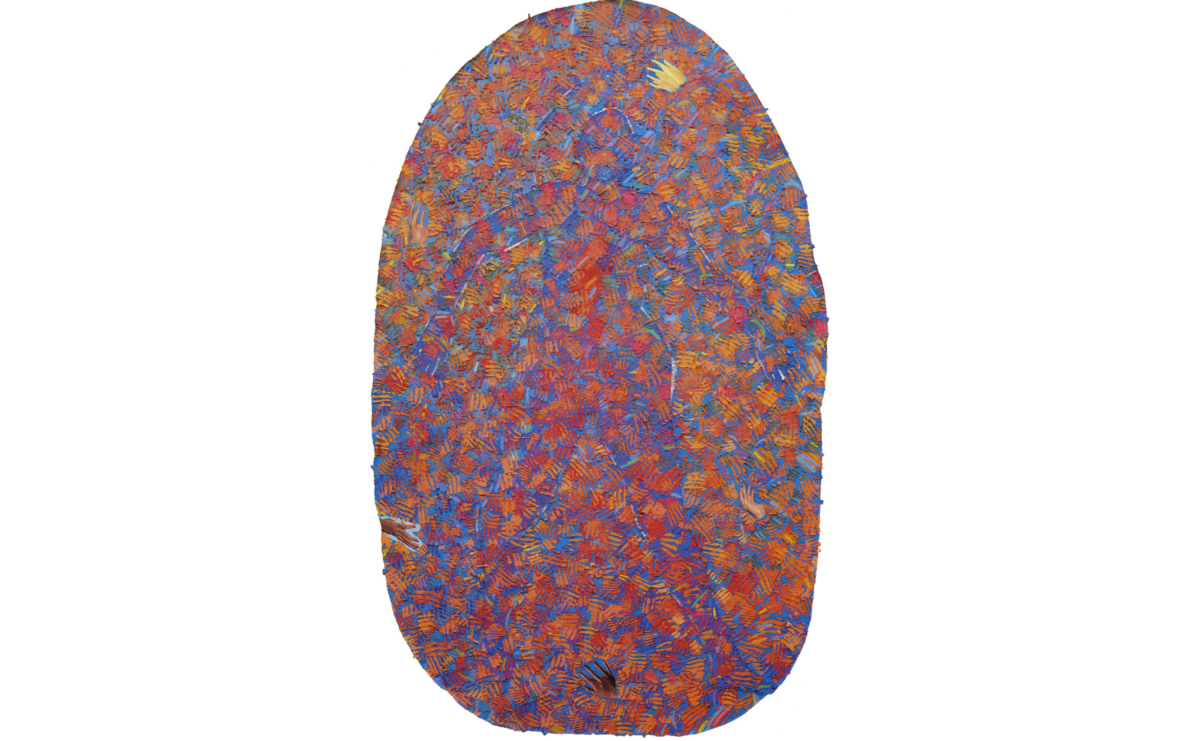 In a vibrant oval painting, a woman’s traced silhouette is engulfed by red, orange, and blue hatch marks.