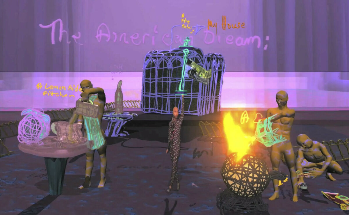 Still from Country Ball - simulated figures cooking and working with a purple background that reads "The American Dream"