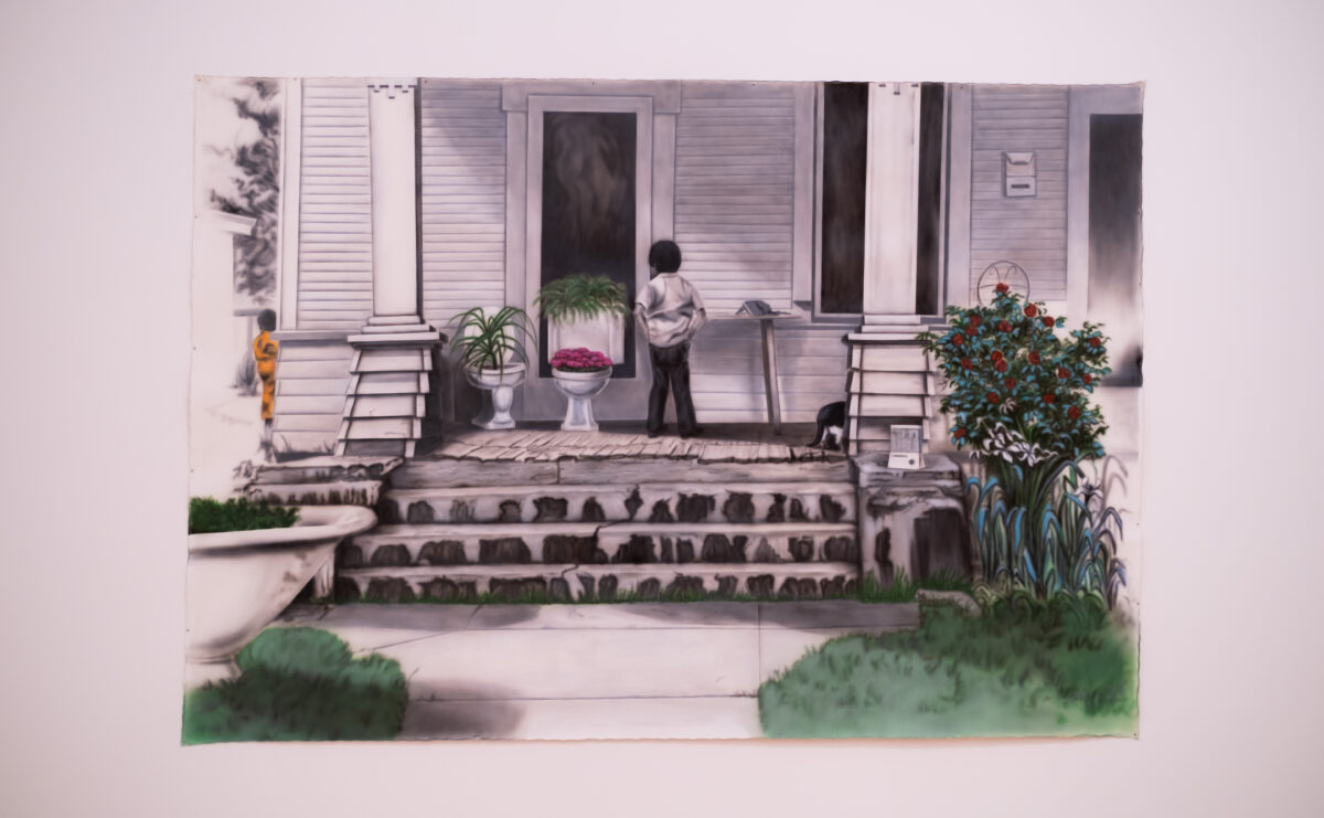 A mural of a child standing at the doorstep of a sturdy, white house surrounded by greenery and eclectic decor - like a bathtub and toilet filled with plants.