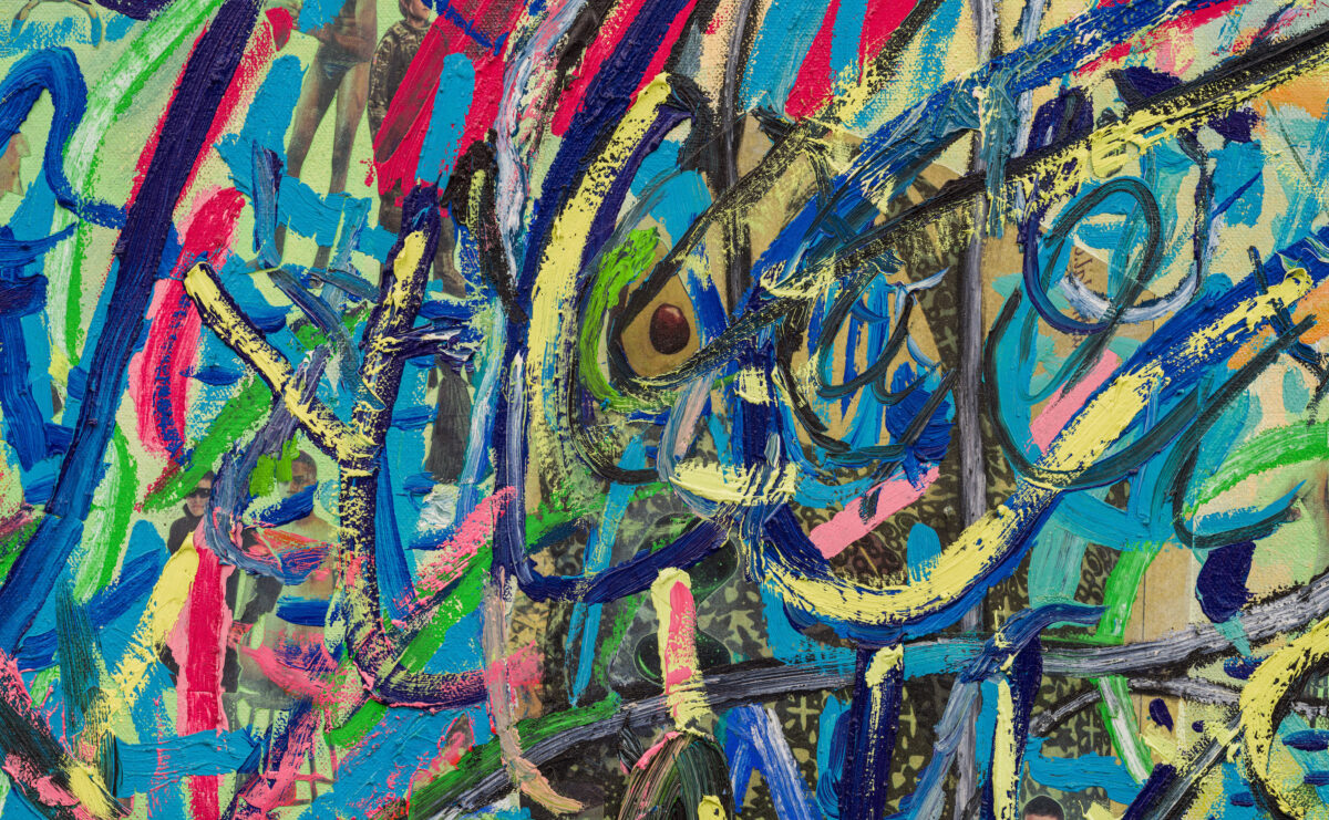 A close-up of a colorful abstract painting. The painting has thick brushstrokes of many colors, including blue, green, yellow, and red.