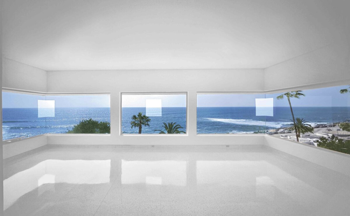 Image of Robert Irwin's famous installation 1° 2° 3° 4°, where he cut three squares into the windows facing the Pacific Ocean