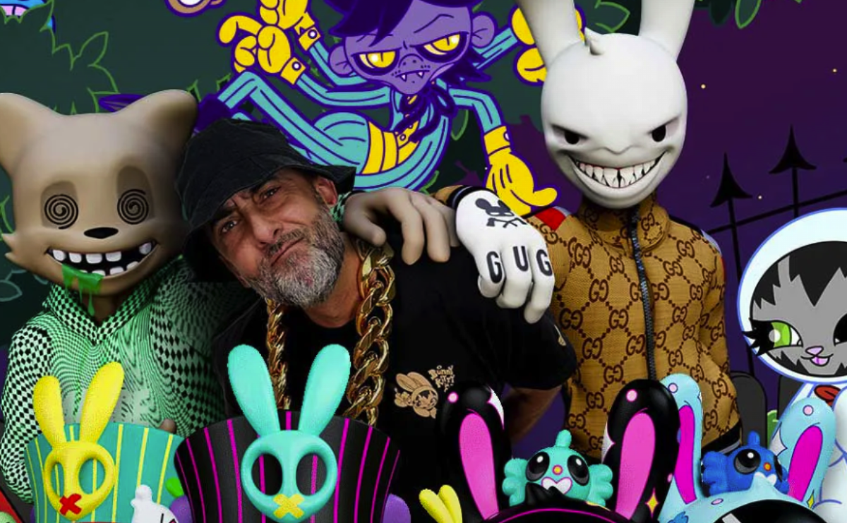 Artist Dave Persue with characters from his animated Bunnykitty series.