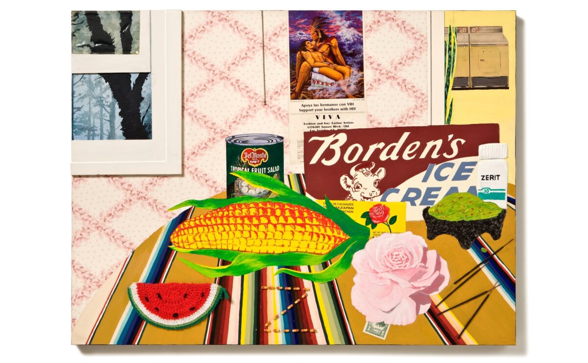 A still life painting with a red rose, corn on the cob, watermelon slice, and a bowl of guacamole on a table.