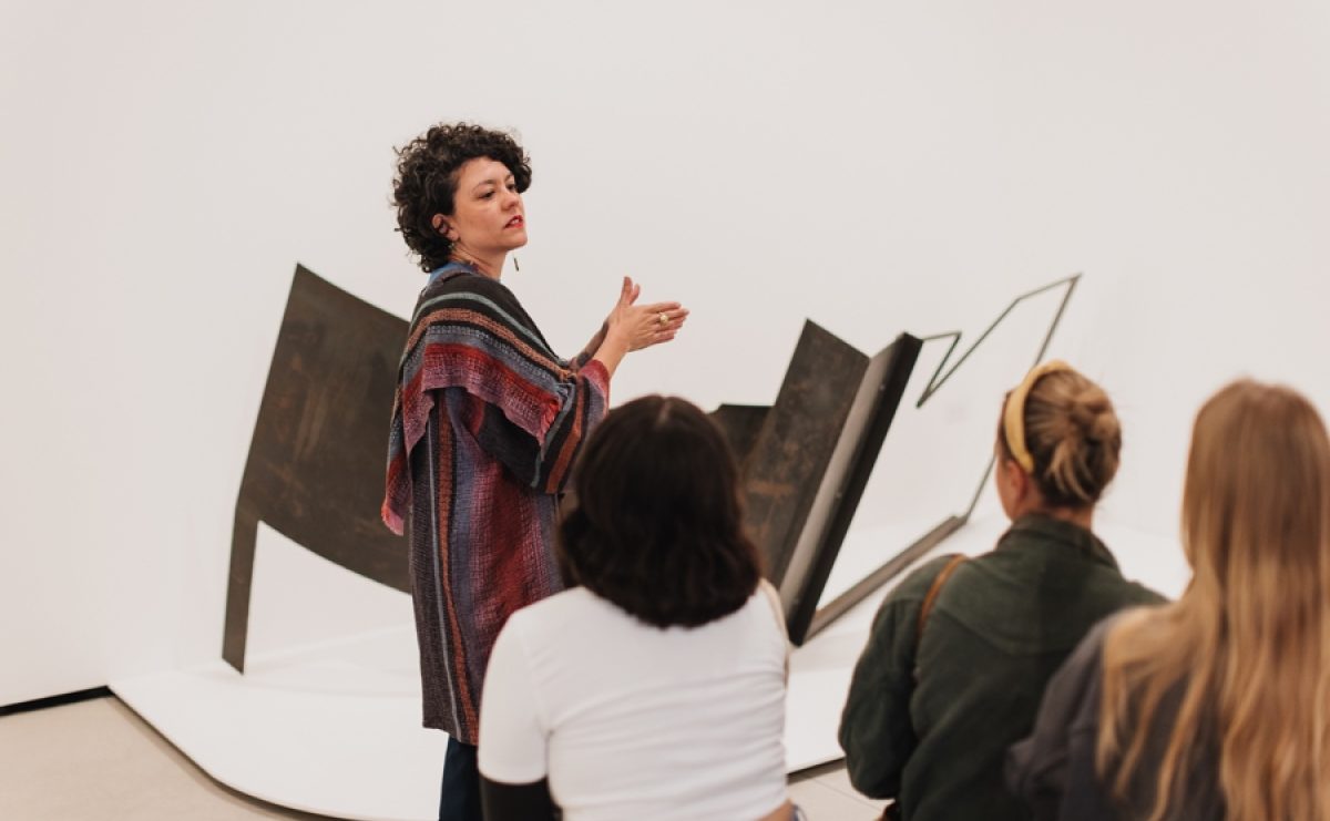 Lead Educator, a woman with light brown skin and dark curly hair, wearing a colorful jacket, describes works of art to a group of people