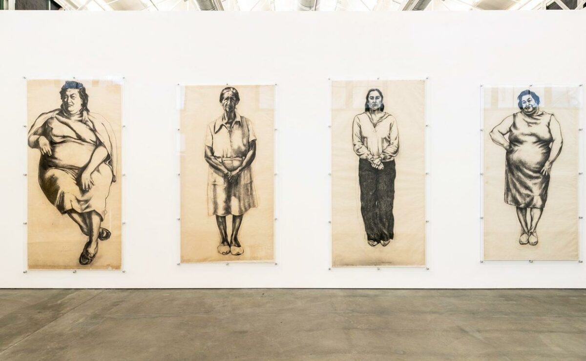 Large scale, charcoal, portraits of women, titled Three Generations, Tres Mujeres by Yolanda Lopez