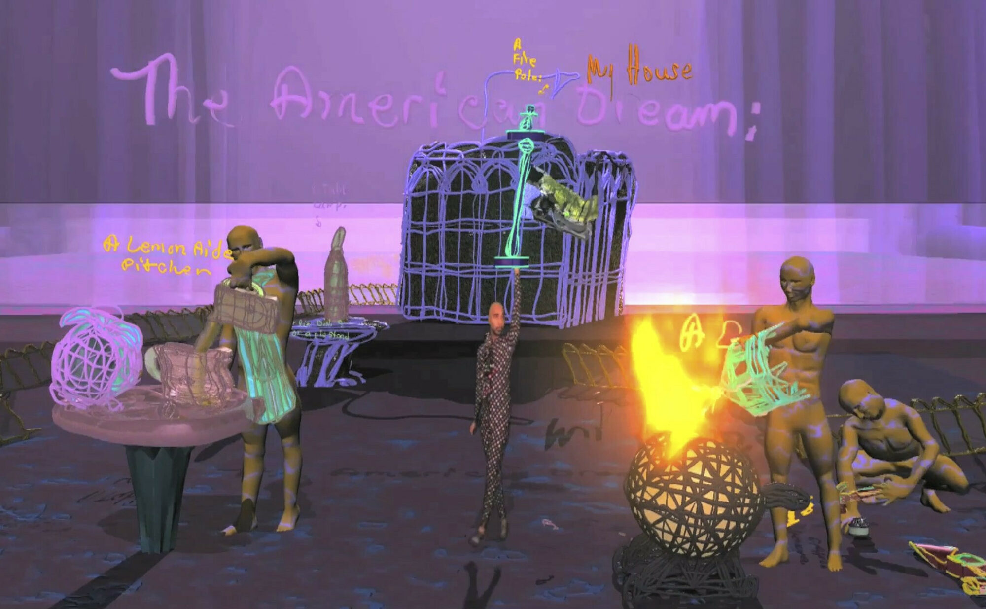 Still from Country Ball - simulated figures cooking and working with a purple background that reads "The American Dream"