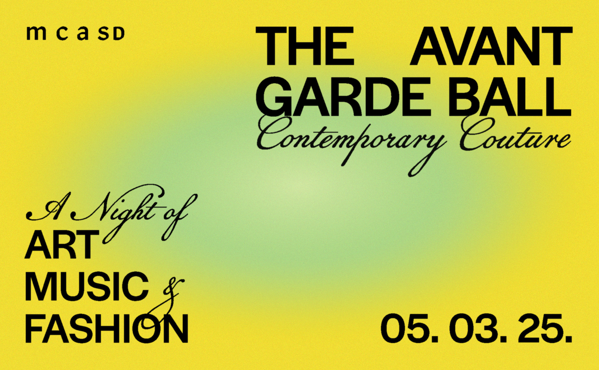 Yellow to green gradient graphic. Text reads The Avant Garde Ball Contemporary Couture