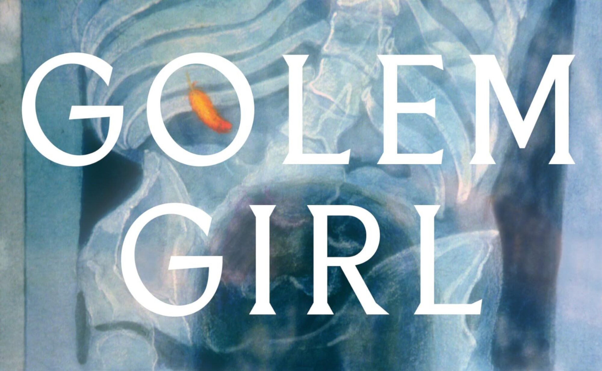 book cover for golem girl a memoir by riva lehrer. a skeleton overlayed with a portrait of a person.