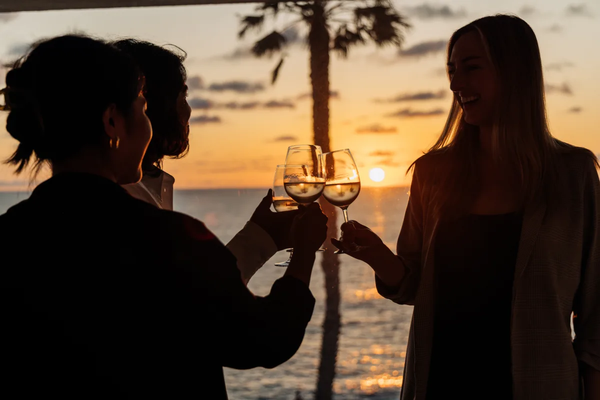 Three people toasting with wine glasses with a sunset as a backdrop