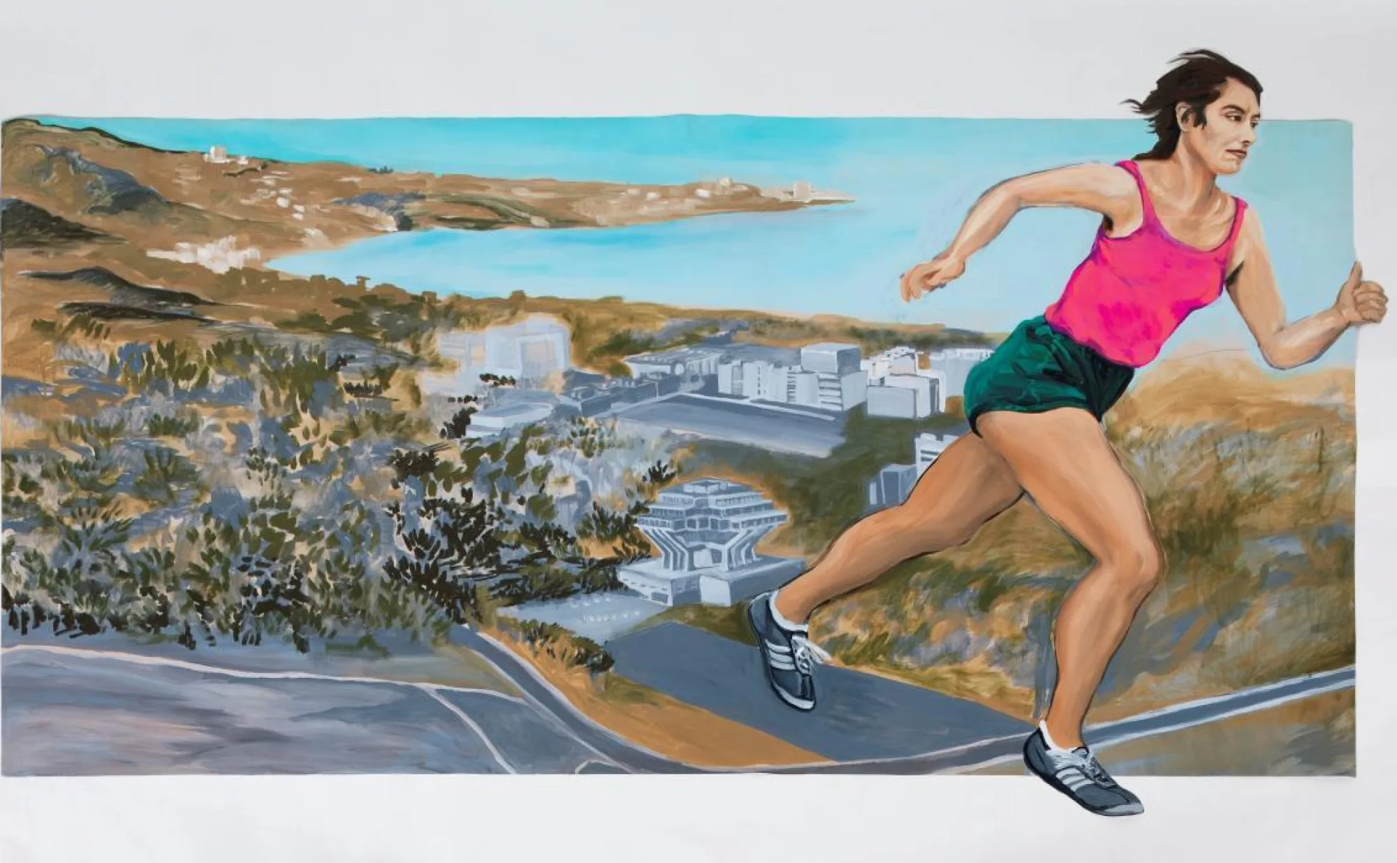 Yolanda Lopez self portrait, she runs outside of the canvas, behind her is the USCD campus.
