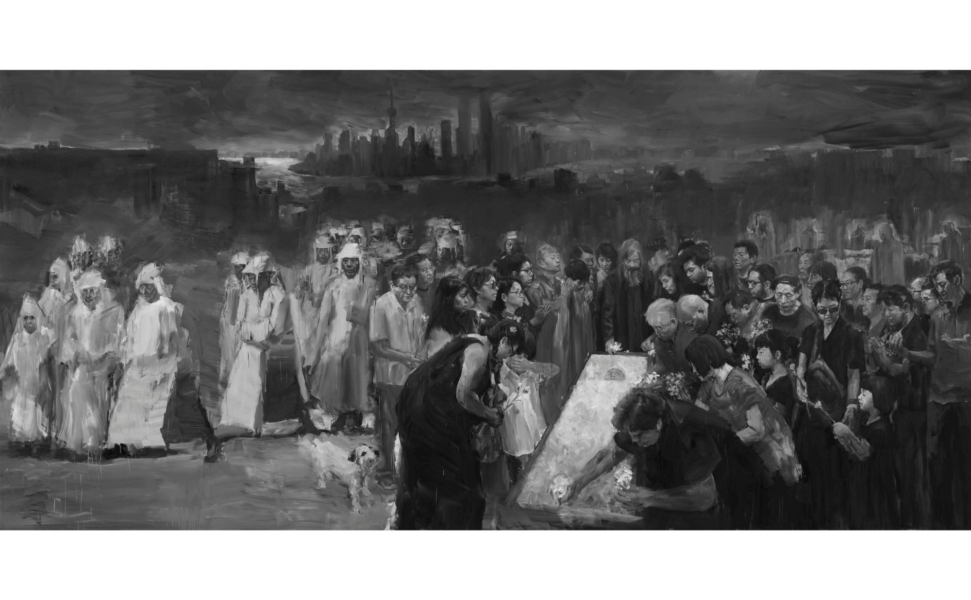 Large black and white canvas depicting a burial.
